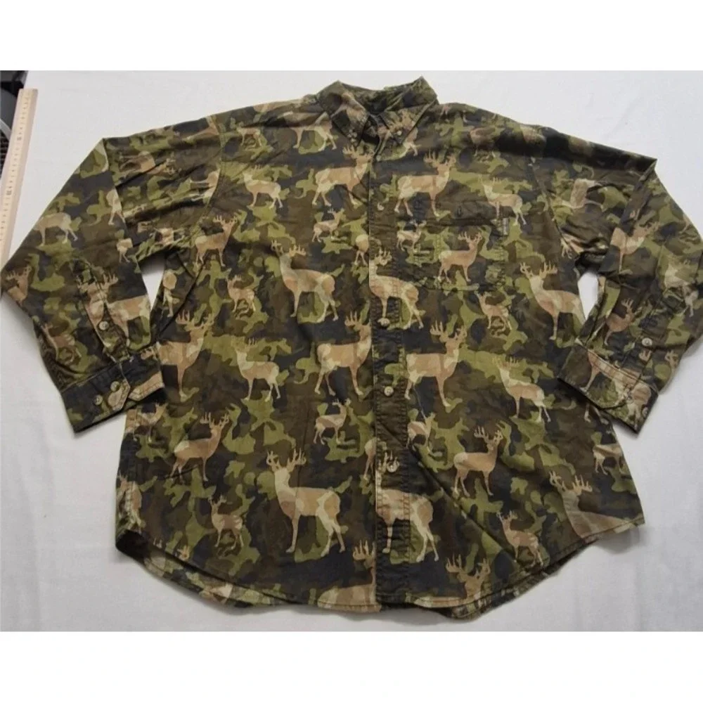 VTG Woolrich Men's Olive Camouflage Deer Shirt XL‎ All over print Cotton Hunting